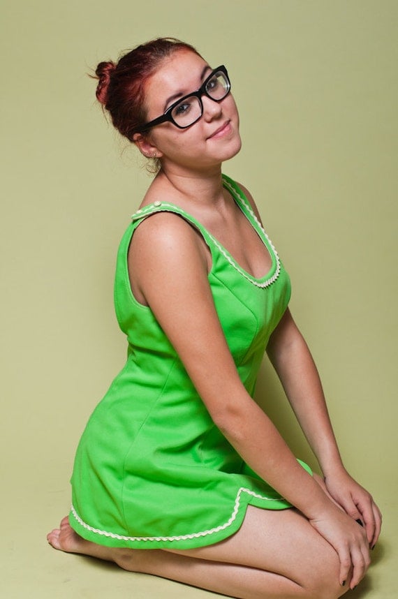 1950s Lime Green One Piece Swimsuit. Retro Bright Green