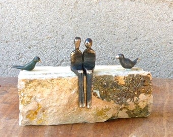 The Loving Couple: romantic miniature bronze sculpture with two love birds. Makes a delightful 8th anniversary gift