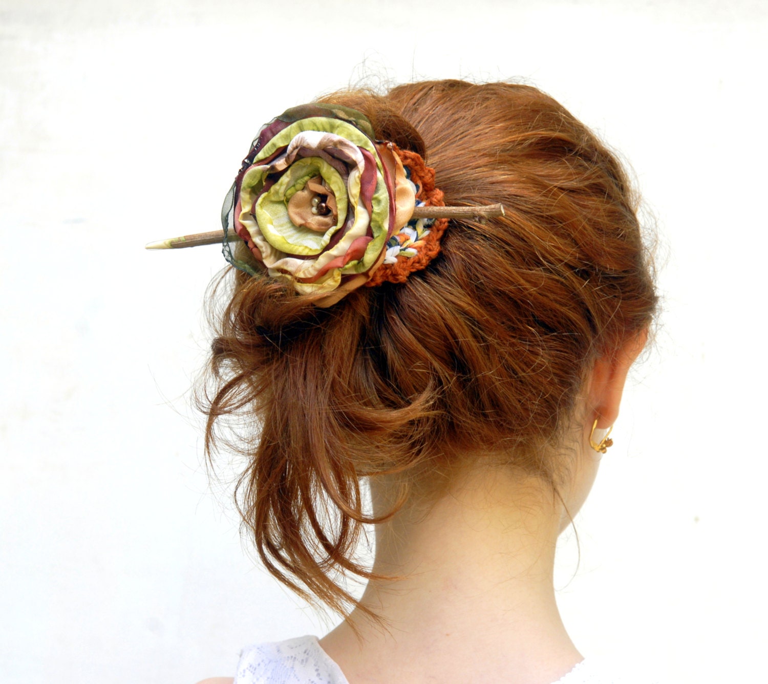 Stick Barrette Crocheted Hair Barrette with a Flower in