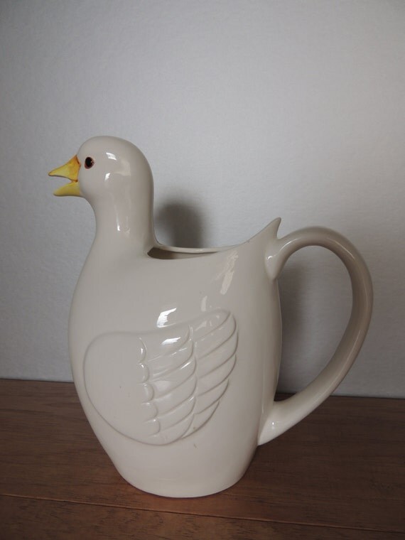 9 Tall White Ceramic Duck Pitcher. Made in Japan by austinbaubles