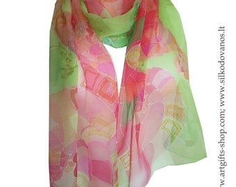 Hand painted Silk scarf pink green-Young Love