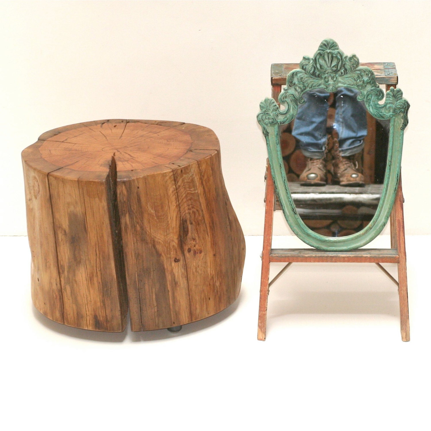 Large Wood Tree Stump Coffee Table on Casters Wheels