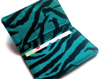 Credit Card Wallet, Business Card Holder, gift card holder- Zebra Print Black and Blue