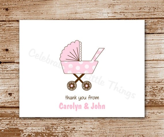 Set of 8 / Baby Thank You Cards / Baby Carriage / Personalized Stationery / Note Cards (Boy & Girl Choices) Il_570xn