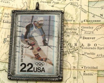 Vintage 1988 USA Olympics Cancelled Postage Stamp Necklace Key Ring