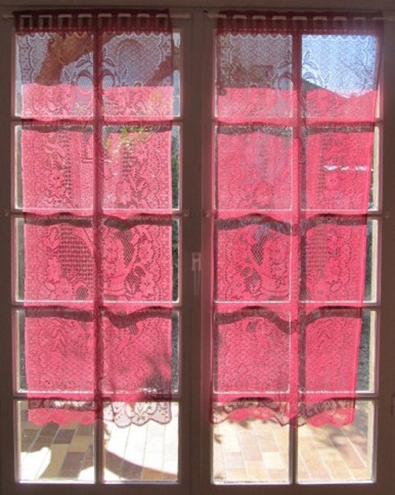 Red Curtains Pair Lace Curtains Bird Cottage by LinenAndLetters