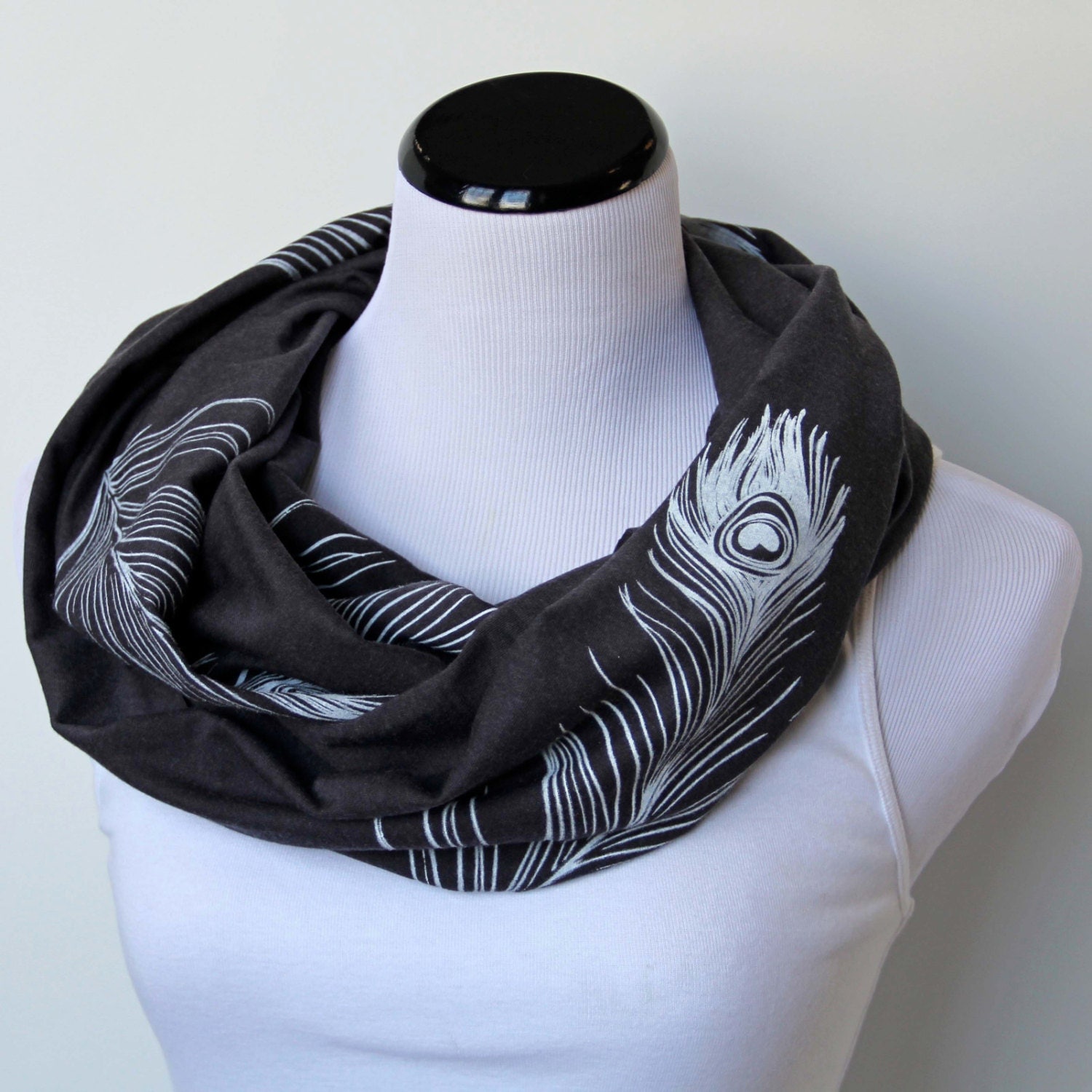 Peacock Feather Scarf Charcoal Grey Infinity Scarf Gift by ModLux