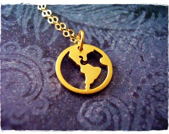 Gold World Map Necklace - Matte 24kt Gold Plate World Map Charm on a Delicate 14kt Gold Filled Cable Chain or Charm Only