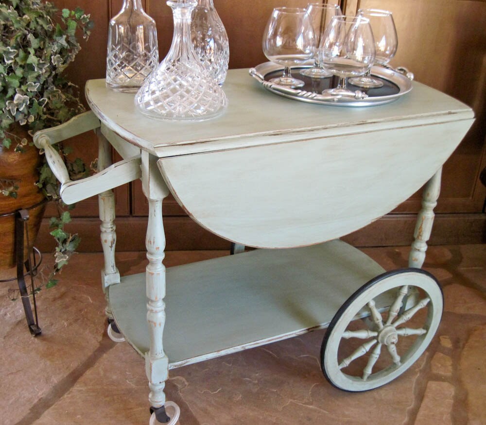 Wooden Drop Leaf Vintage Tea Cart Hand Painted Cottage Chic