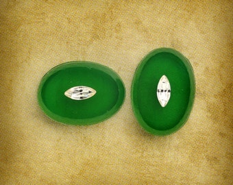 Sizzling 14x10mm Green Oval Glass Cabochons with Inset Rhinestones, Unfoiled, Quantity 2