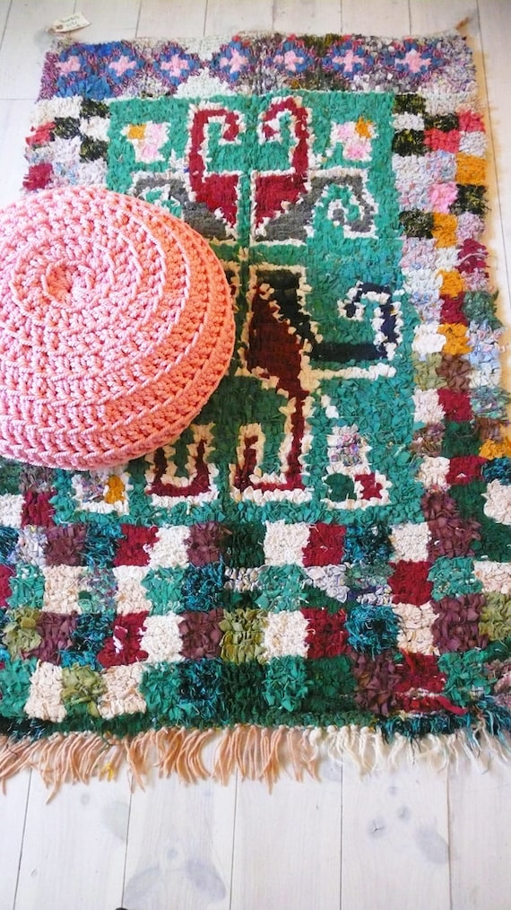 Vintage Moroccan Rag Rug - BOUCHEROUITE "tribal emerald"