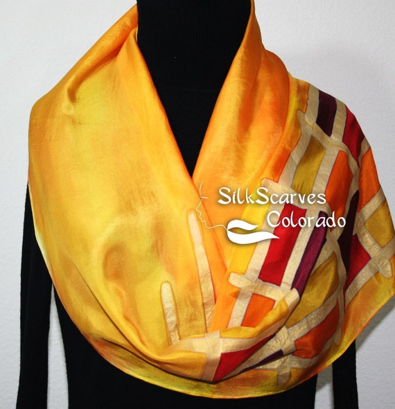 Silk Scarf Yellow Orange Red Burgundy Hand Painted GOLDEN