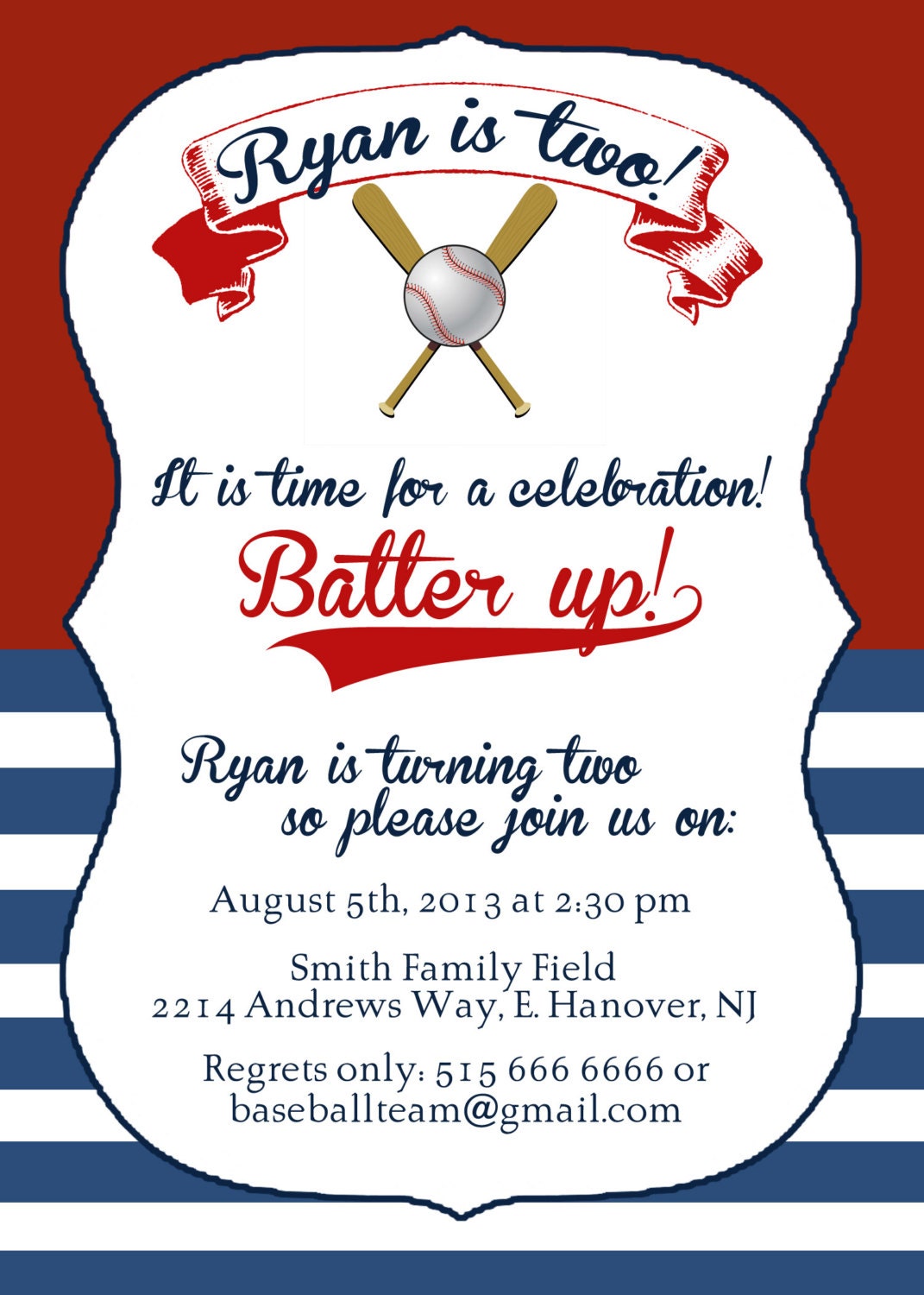 Baseball Birthday Party Invitation Invite Card Batter up