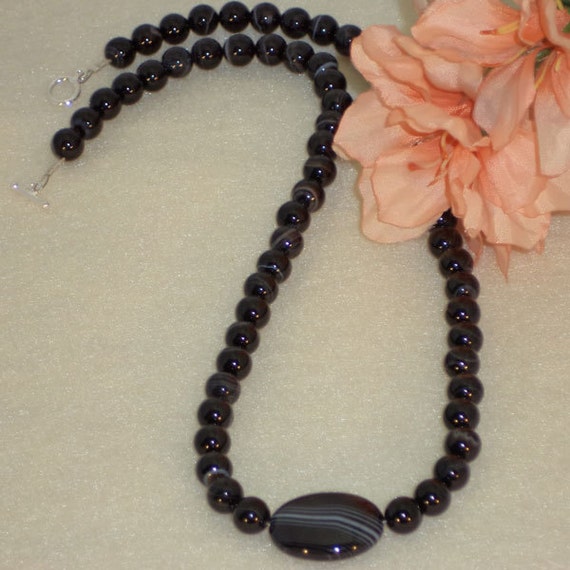Black Sardonyx Gemstone Beaded Necklace FREE SHIPPING