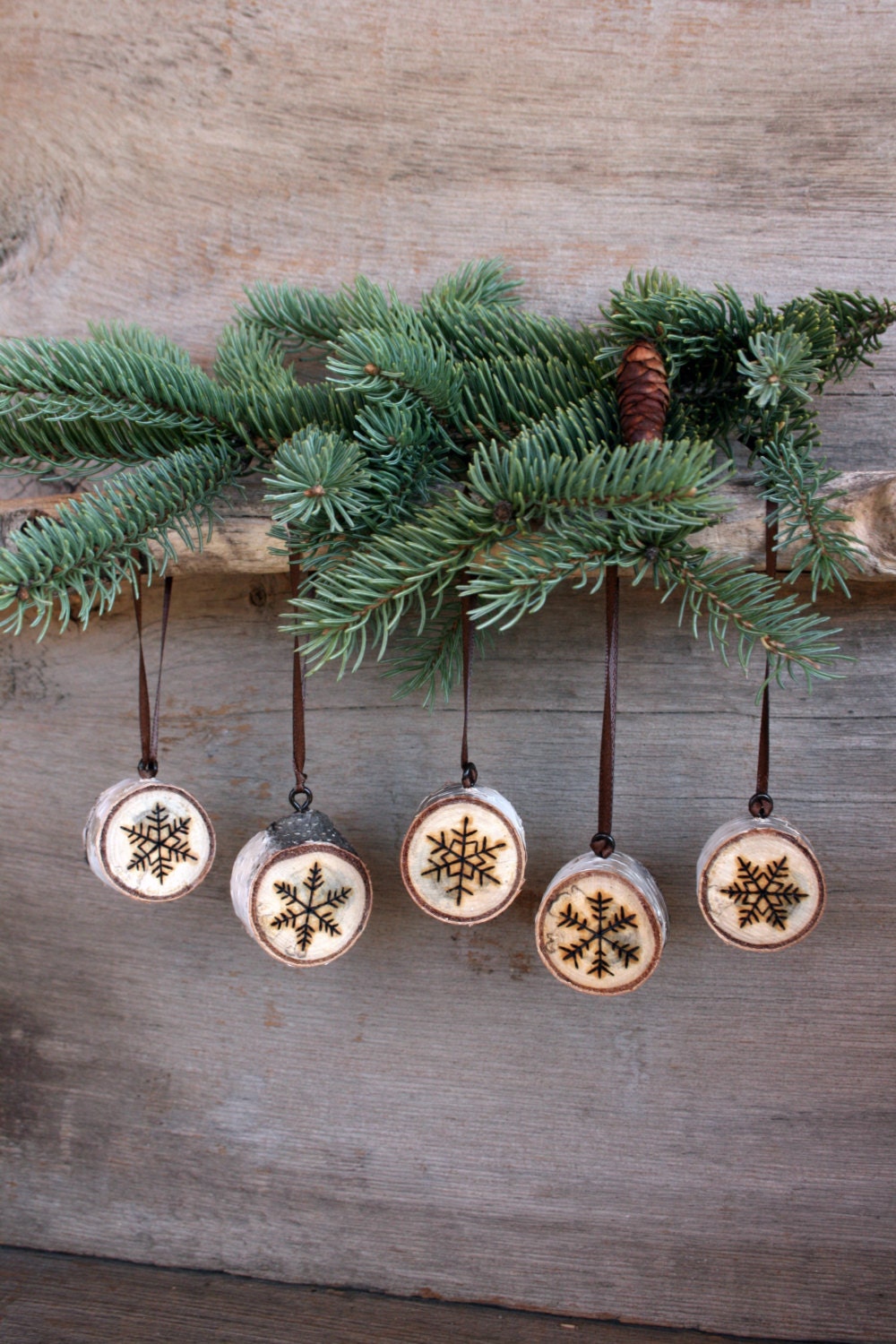 Snowflake Ornaments Set of 5 Wood burning on Birch