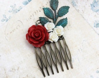 Flower Hair Comb Light Green and Cream Rose by apocketofposies