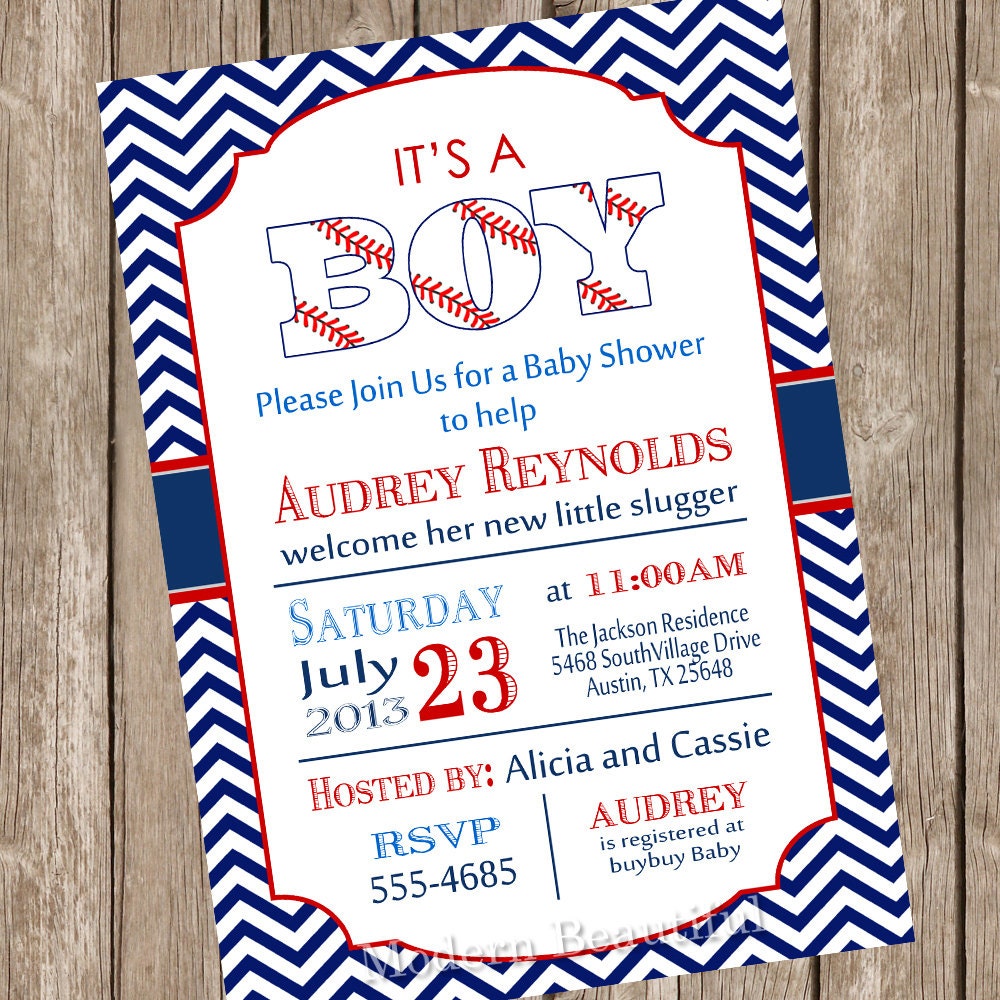 Baseball baby shower invitation red navy chevron vintage