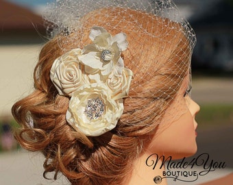 Ivory Birdcage Veil-Cream Bridal Fascinator-Wedding Headpiece-Ivory or White Available