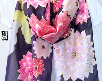 Large Silk Scarf Hand Painted Pink Kimono Dahlias, Black Floral Scarf, Japanese Scarf Black, Approx 14x71 inches.