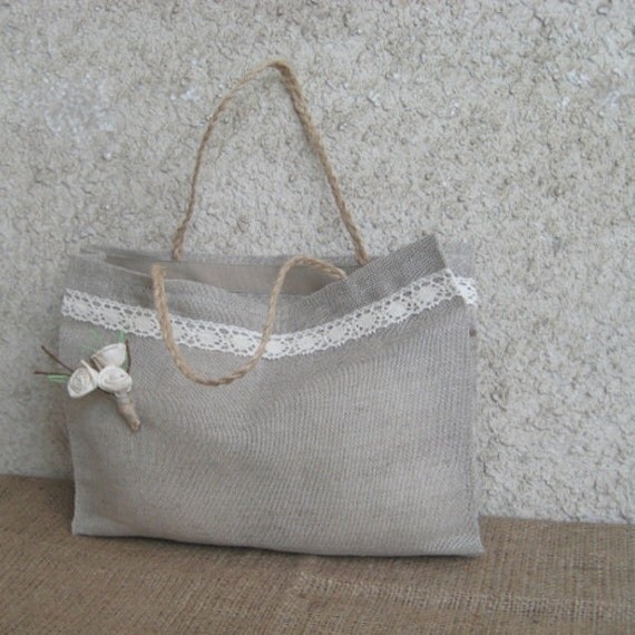 Natural Linen Tote  Bag Rose Burlap Lace Bridesmaid Custom made ...