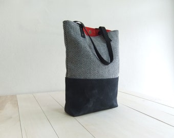 Black Waxed Canvas Tote Bag Black Tweed Black Leather Straps Handmade Shoulder Tote Bag Red Lining Women Handbag