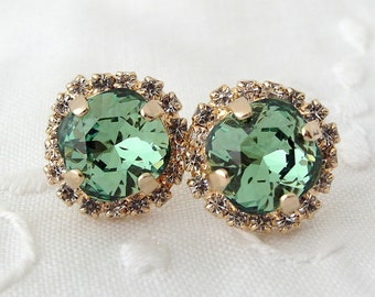 Green Swarovski crystal stud earrings, Deep Green Rhinestone stud earrings, Bridal earrings, Bridesmaid earrings, 14k gold plate