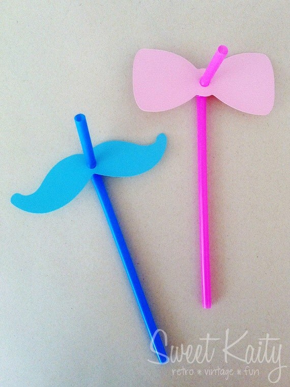 20 Mustache and Bow Straws - Gender Reveal Party - Photo Booth Props - Pink Bows and Blue Mustaches on Straws - Assembled Ready to Use Il_570xn