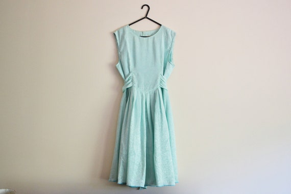 Mint Green Embossed Dress - 70s, embossed, tea dress, party dress, cocktail dress, flared skirt, xs - small, girls large - xl