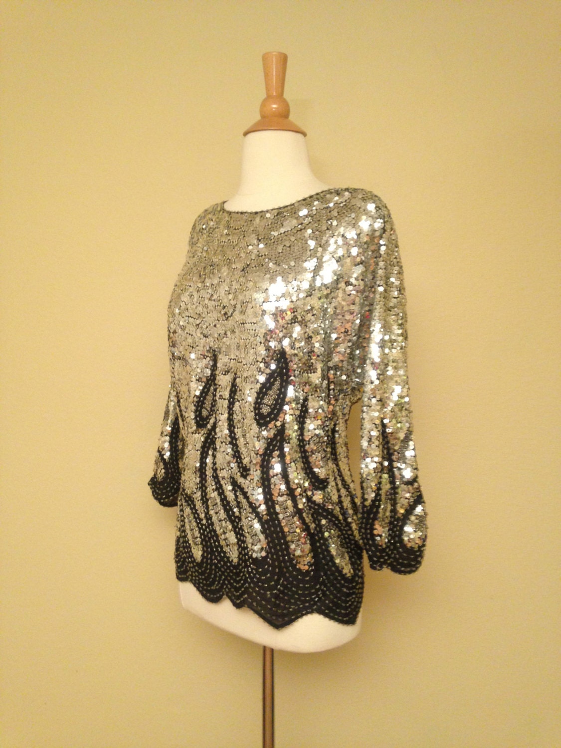 Black and Silver Beaded Sequin Blouse by Isabelle 1980s 1970s