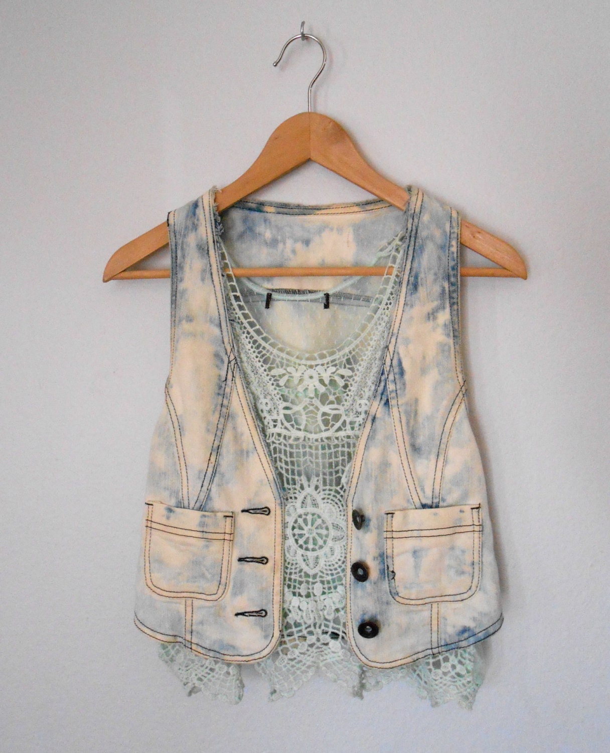 Denim Vest Bleached Upcycled Tie Dye Denim Sleeveless Button