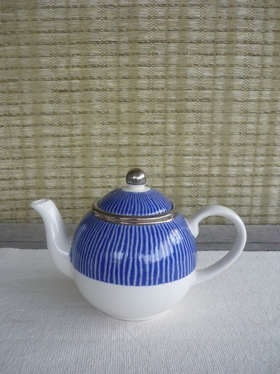 Vintage Bone China Teapot White with Blue Stripes and Silver