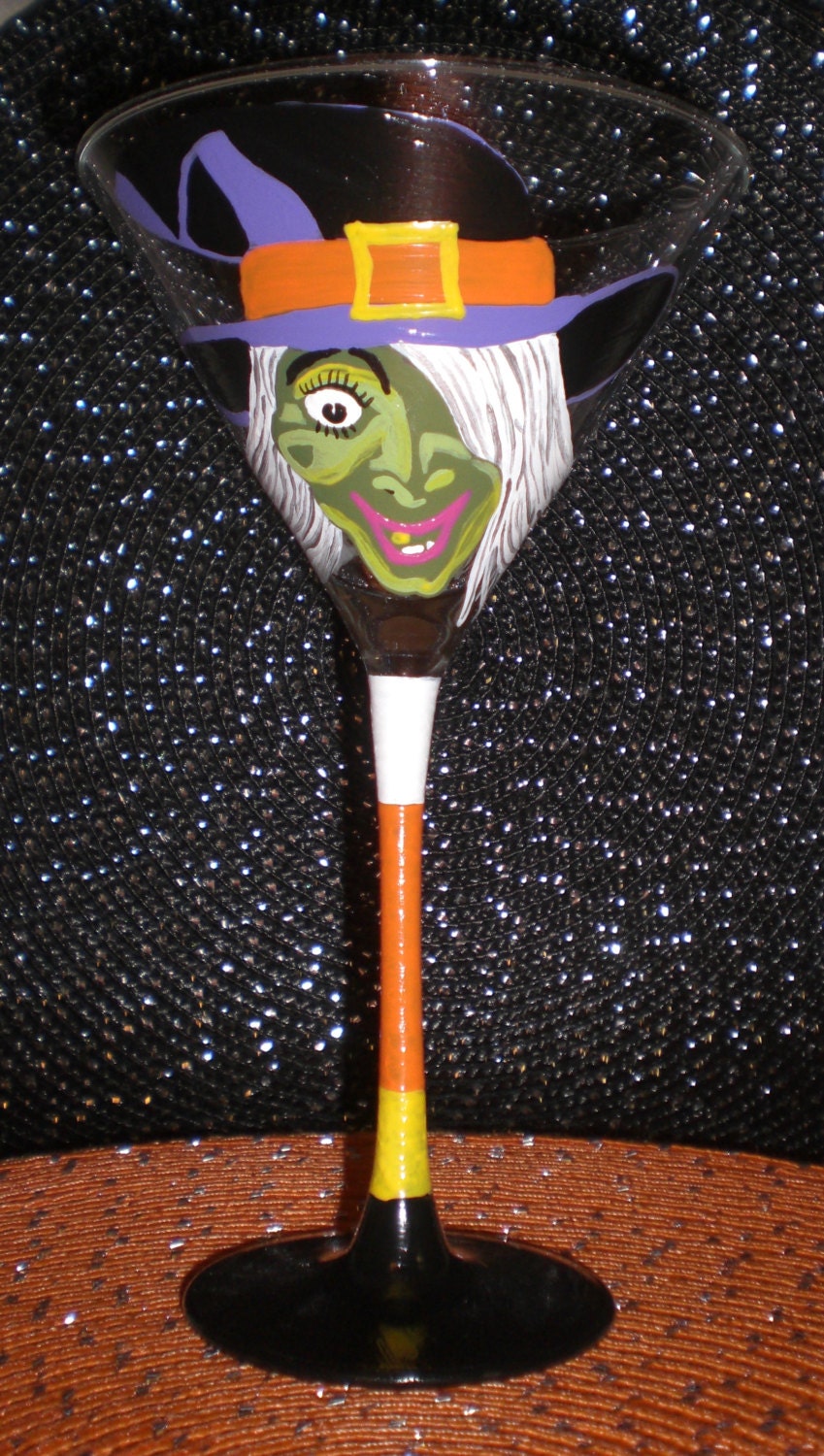 HalloweenTini Hand painted Witch Martini Glass. by JordanFeesArt