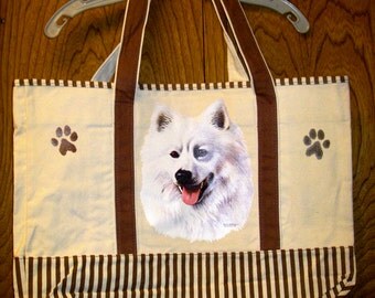 ESKIMO Dog -- X-Large Co tton Canvas Tote Bag  Beige wBrown trim ...