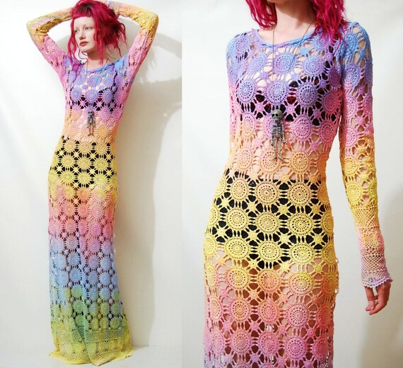 CROCHET DRESS Rainbow Full Lace Long Maxi Ombre Sheer Long