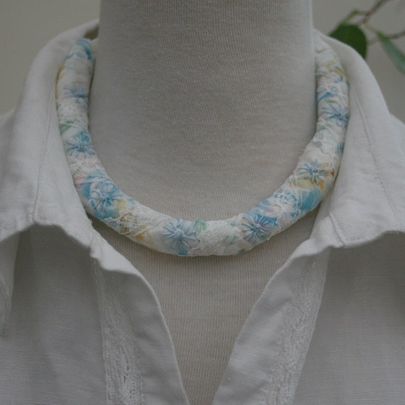 Pastel Necklace  fabric strips with lace bound by Lynwoodcrafts