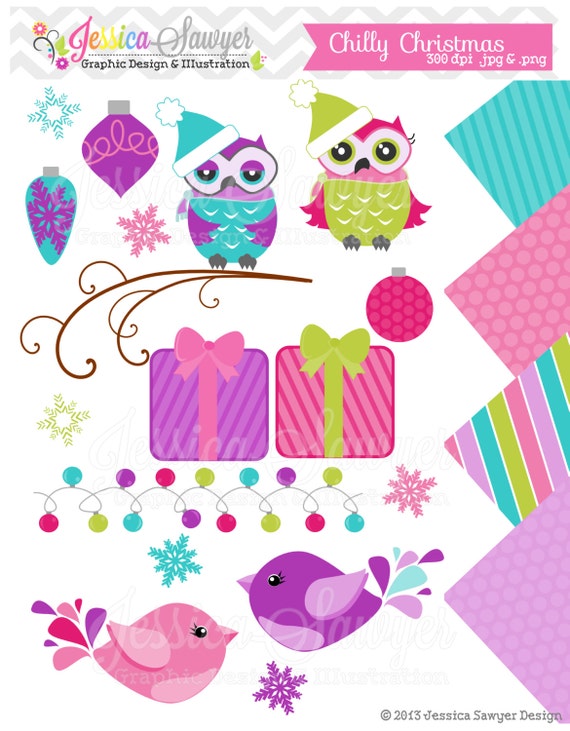 INSTANT DOWNLOAD, christmas owl clipart, winter owls clip art, digital papers, for digital scrapbooking, greeting cards, announcements Il_570xn