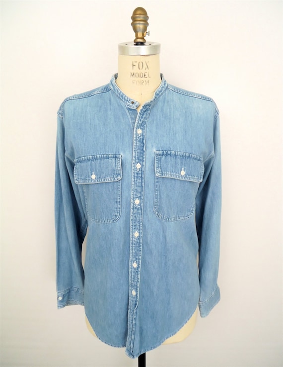 Collarless Denim Shirt / stone wash jean shirt / by CompanyMan