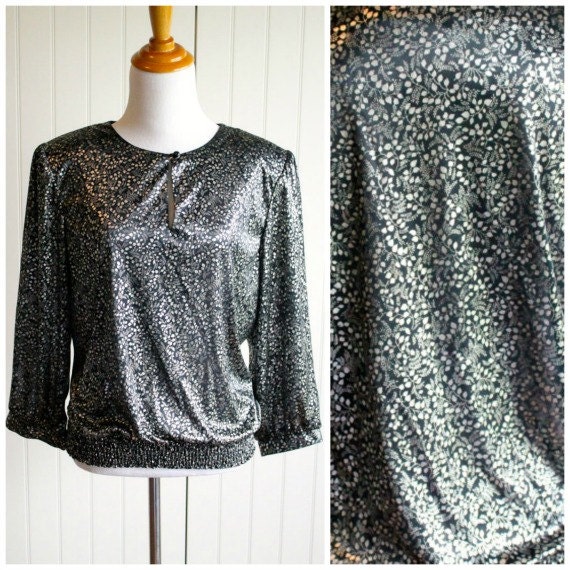 Vintage 70s Metallic Billowing Blouse By Another Thyme// Black