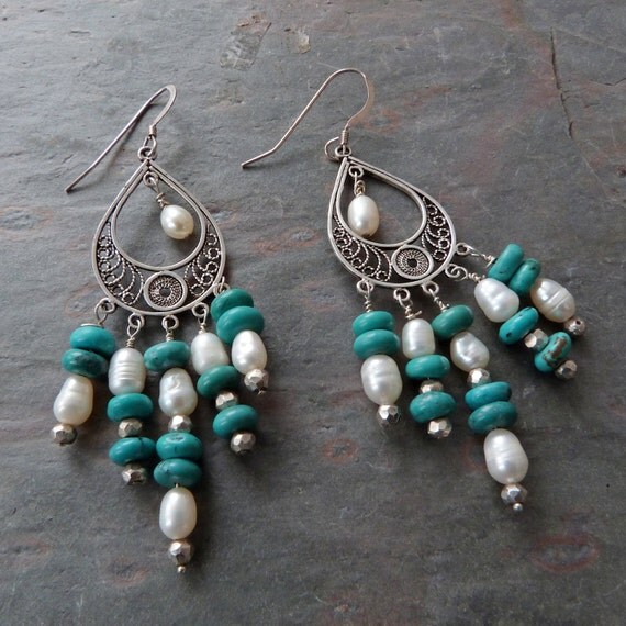 Turquoise & Pearl Dangle Earrings 925 Sterling Silver