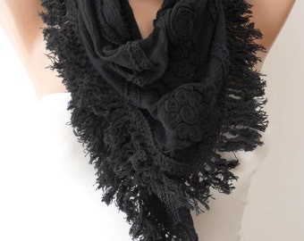 Autumn Scarf - Bohemian Scarf - Black - Cotton Scarf with cotton trim edge - Triangular