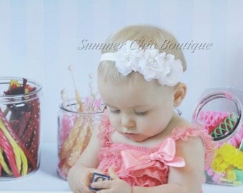 White Baby Headband, Infant Headband, Newborn Headband - WhiteHeadband Chiffon and Pearls Flower Headband