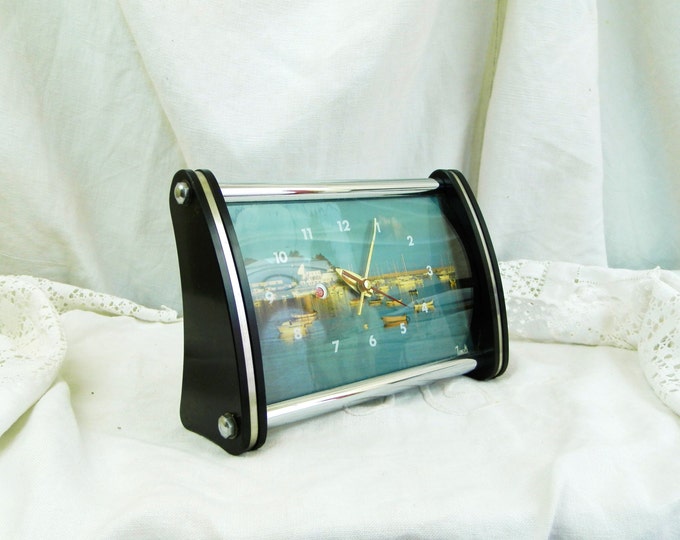 Working Vintage Mid Century French Postcard Mechanical Alarm Clock, 1960s Wind Up Clock with Coastal Scene from France, Brittany Picture Working Vintage Mid Century French Postcard Mechanical Alarm Clock, 1960s Wind Up Clock with Coastal Scene from France, Brittany Picture