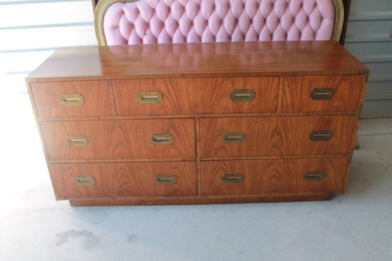 Vintage Dixie Furniture Campaigner Campaign Dresser Drawers Credenza Hollwood Regency Mid Century Modern Brass Palm Beach