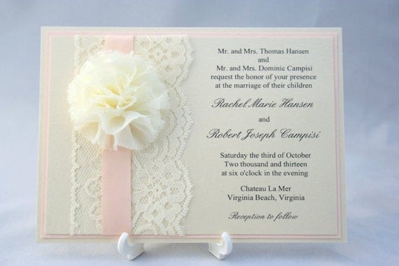 Peach Wedding Invitation with Satin Ribbon and Chiffon Flower - Sample