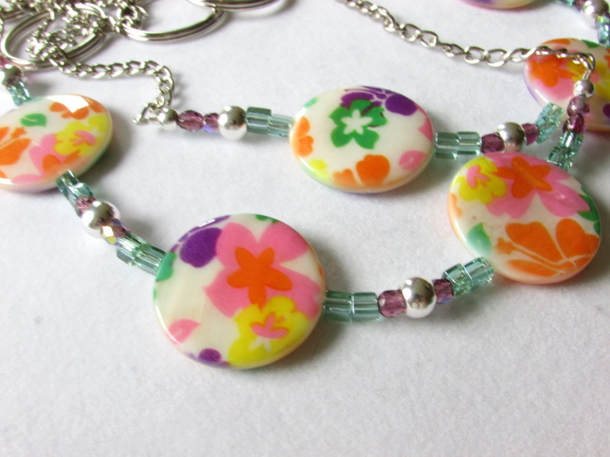 Hippie Flower Curtain Tie Backs Orange Purple and Green Bead