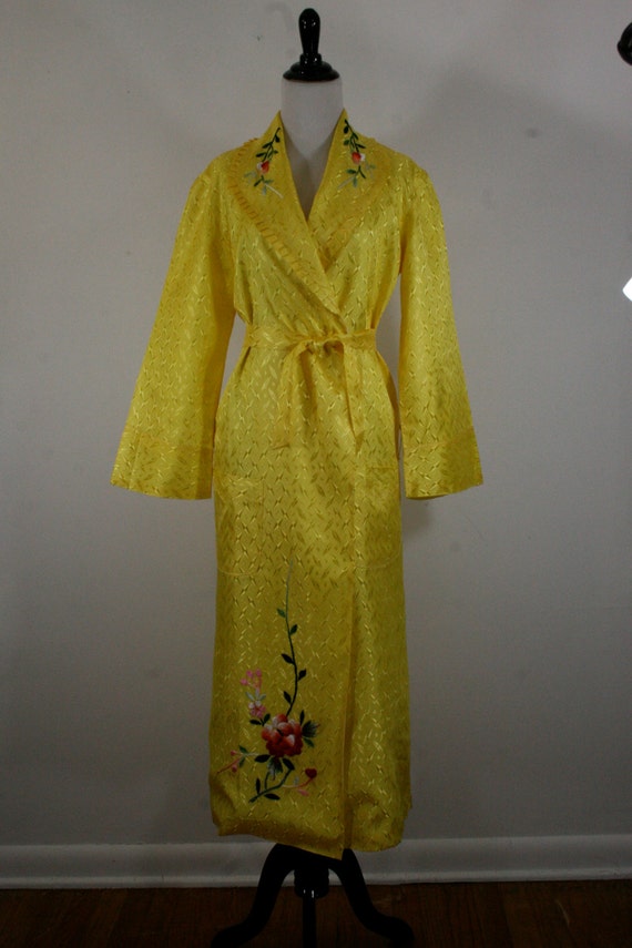 Vintage Yellow Silk Robe Floral Embroidery