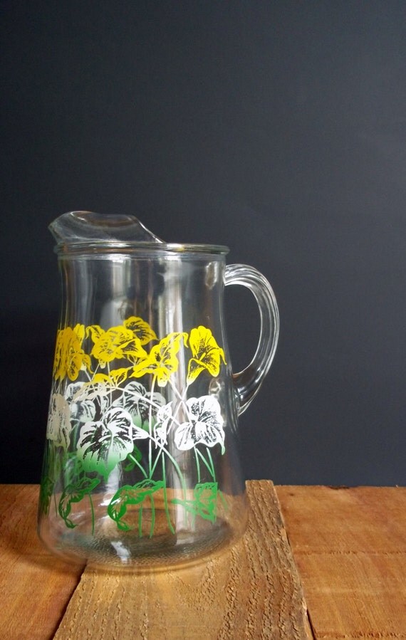 Vintage Clear Glass Pitcher Painted Floral by SPARKLESandSASS