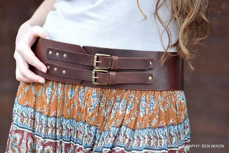 Classic hand made wide leather belt womens leather belt