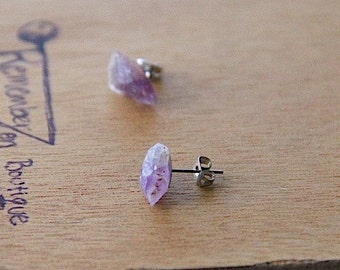 GENUINE Amethyst Pretty Stainless Steel Earrings Healing Crystal Natural Stone
