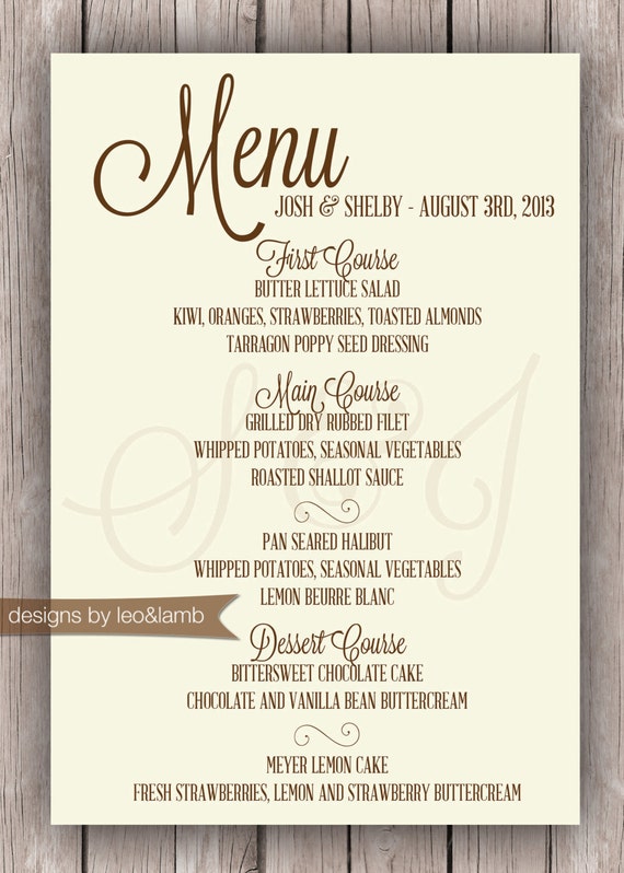 Items similar to Wedding or Rehearsal Dinner Menu Printable File